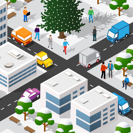 Isometric 3D winter Christmas illustration of the city quarter with houses, streets, people, cars. Stock illustration for the design and gaming industry.のイラスト素材