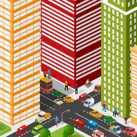 Isometric 3D illustration of the city quarter with houses, streets, people, cars. Stock illustration for the design and gaming industry.のイラスト素材