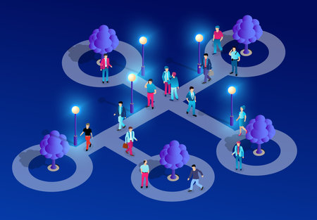 City downtown center night neon ultraviolet walking people of isometric street. Conceptual picture town illustration of vector design graphics.のイラスト素材