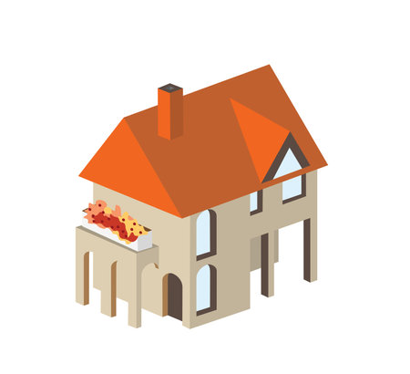 Town House in isometric view with trees and gardenのイラスト素材