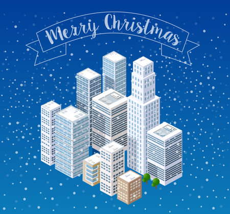 Winter Christmas snowflake snowfall landscape snow covered the futuristic isometric city from smart business technology, digital modern concept background holidayのイラスト素材