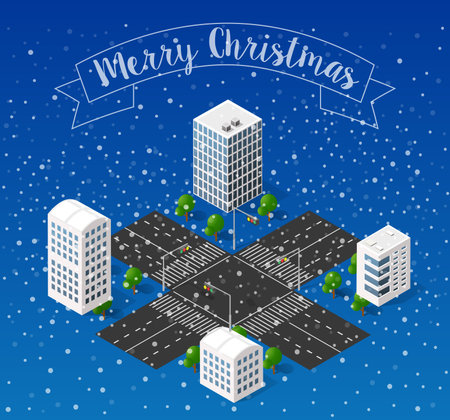 Winter Christmas snowflake snowfall landscape snow covered the futuristic isometric city from smart business technology, digital modern concept background holidayのイラスト素材