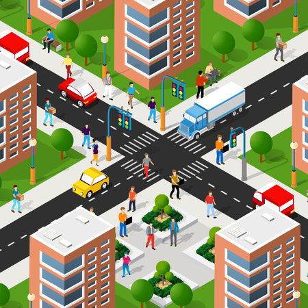 Isometric 3d street downtown architecture district part of the city with outdoor road buildings. City stock infographic illustrationのイラスト素材