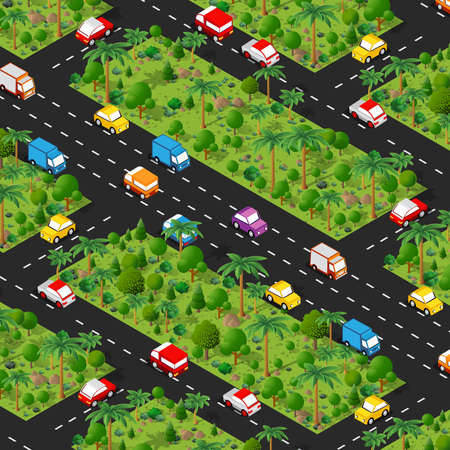 Highway carspark Isometric forestry landscape green view projectionのイラスト素材