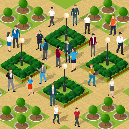 City park with trees and people walking vacationersのイラスト素材