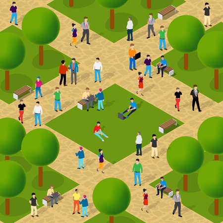 City park with trees and people walking vacationersのイラスト素材