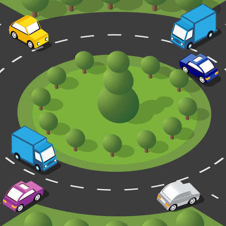 Isometric Street crossroads truck 3D illustration of the city quarter with streets cars.のイラスト素材