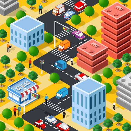 Lifestyle illustration of the city block with people, houses and streetsのイラスト素材