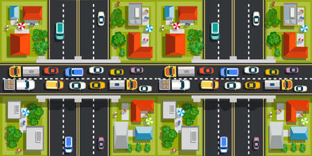 Road top view with highways many different vehicles.のイラスト素材