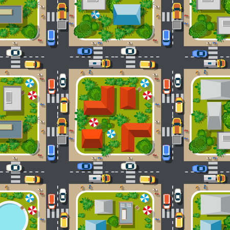 Road top view with highways many different vehicles.のイラスト素材