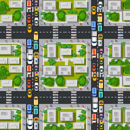 Road top view with highways many different vehicles.のイラスト素材
