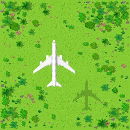 Top view of a flying plane and a green forest with treesのイラスト素材