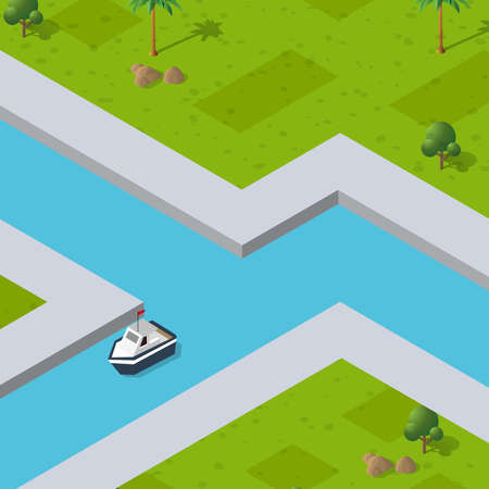 Isometric City industrial port with transport boat and naval shipsのイラスト素材