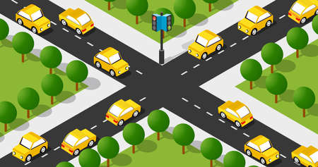 Isometric Street crossroads 3D illustration of the city quarter with taxi carsのイラスト素材