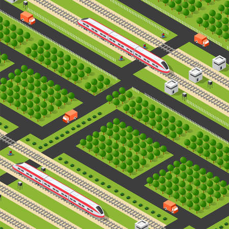 Fast modern high-speed train and cars. Vector flat 3d isometric illustrationのイラスト素材
