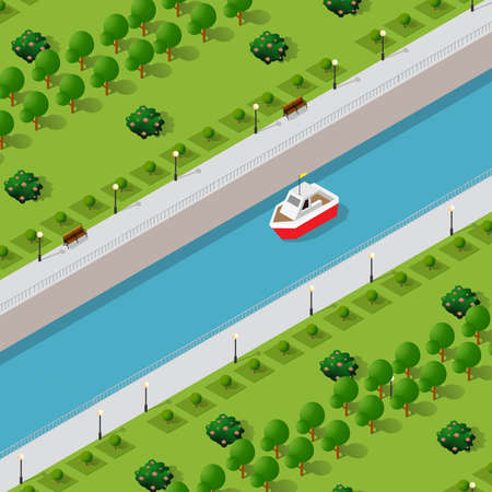 Isometric modern city with water river embankment illustration of a marinaのイラスト素材