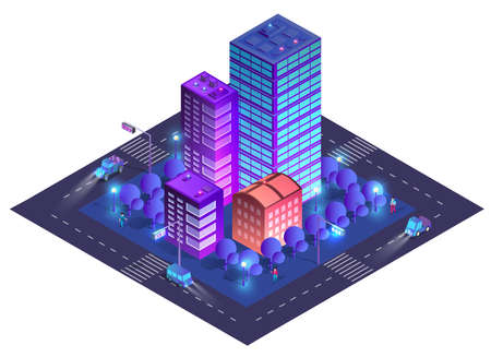 City urban area map Isometric night lights ultraviolet 3D illustration