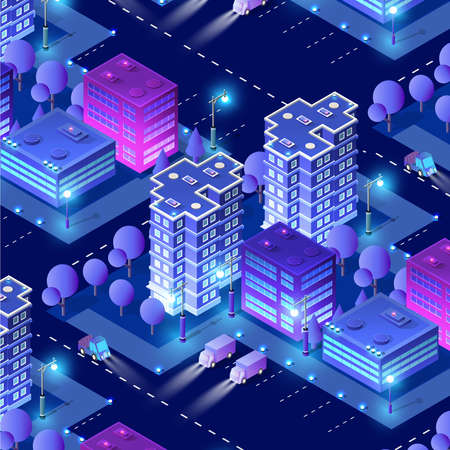 Residential town night city urban 3D illustration of neon ultraviolet of urban infrastructure isometric buildings. Vector graphics of the modern architecture construction.のイラスト素材