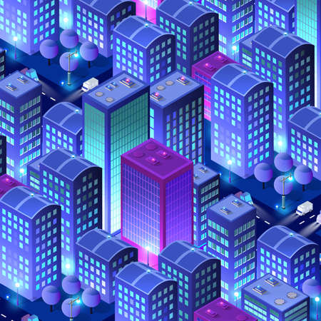 Residential town night city urban 3D illustration of neon ultraviolet of urban infrastructure isometric buildings. Vector graphics of the modern architecture construction.のイラスト素材