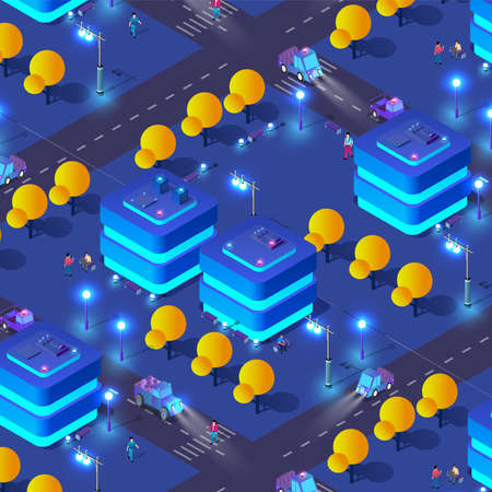 Night smart isometric city 3D illustration for design