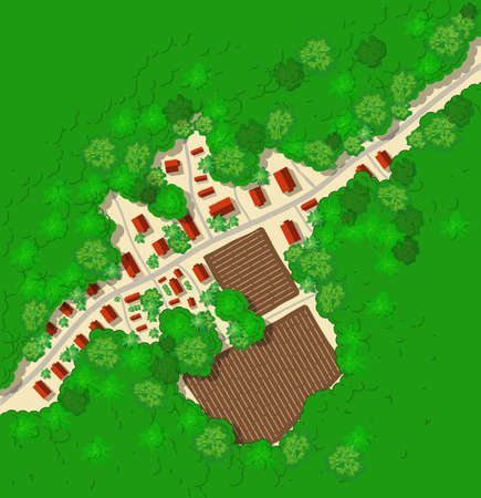 Top view landscape with trees, houses, and streets city