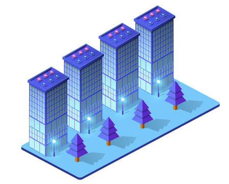 Night isometric smart blue ultraviolet city at night with lights. The town of the future is futuristic with skyscrapers lanterns streets and houses. 3D illustration.のイラスト素材