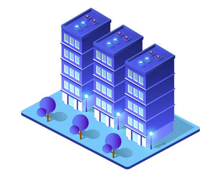 Night isometric smart blue ultraviolet city at night with lights. The town of the future is...