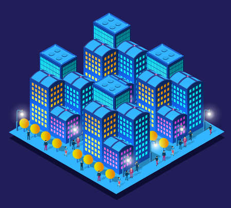 City future smart urban Isometric night lights architecture 3D illustration technology town street with a lot of building housesのイラスト素材