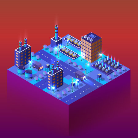 City industrial factories Isometric night lights architecture 3D illustrationのイラスト素材