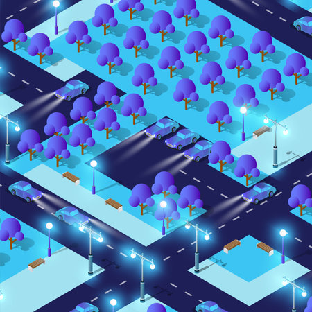 City future smart urban Isometric night lights architecture 3D illustrationのイラスト素材