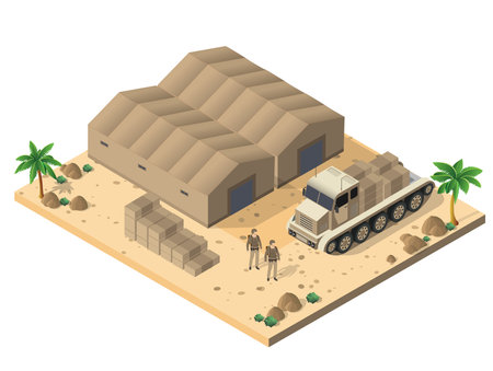 Module base camp object element for building design army armed troop isometric armed military transport objects. War equipment force graphic elements tank machine 3D illustrationのイラスト素材