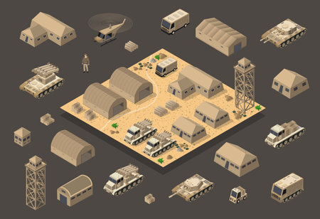 Set of army armed troop isometric armed military transport objects and war combat equipment force graphic elements tank machine 3D illustrationのイラスト素材