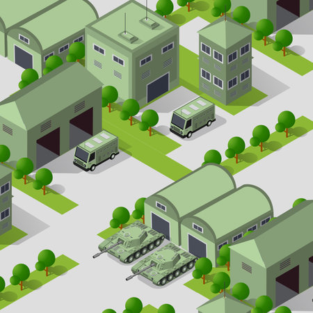Background 3D illustration army armed troop isometric armed military transport objects and war equipment force graphic elements tank machineのイラスト素材