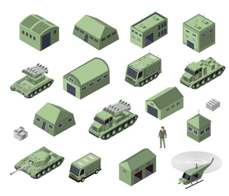 Set of army armed troop isometric armed military transport objects and war combat equipment force graphic elements tank machine 3D illustrationのイラスト素材