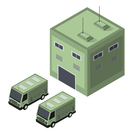 Set of army armed troop isometric armed military transport objects and war combat equipment force graphic elements tank machine 3D illustrationのイラスト素材