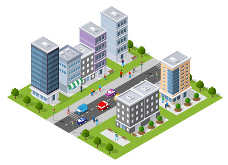 The urban scene feature city architecture, homes, streets, trees, and vehicles on urban-themed backgrounds. Isometric 3D illustrations of urban areas with skyscrapers, streets,のイラスト素材