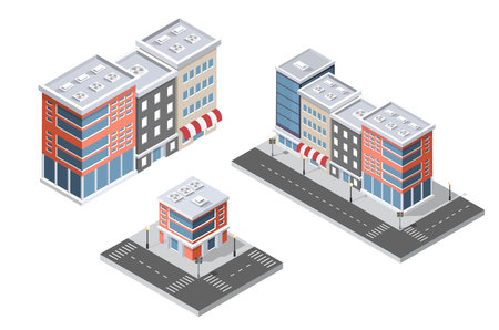 The design elements of cityscape are an isometric building city map. An isolated collection for creating your ideal road, park, transport, trees, and infrastructure. 3d flat icon setのイラスト素材
