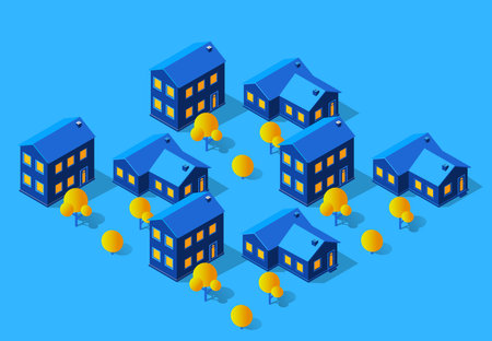 Isometric night city concept of violet style, an ultraviolet 3d modern design of urban street of a skyscraper, street lamps and building road town.のイラスト素材