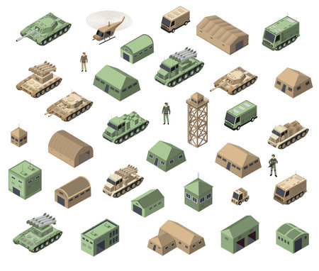 Set of army armed troop isometric armed military transport objects and war combat equipment force graphic elements tank machine 3D illustrationのイラスト素材
