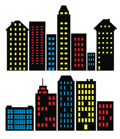 Flat Black Cityscape Silhouette city buildings set Modern Urbanのイラスト素材