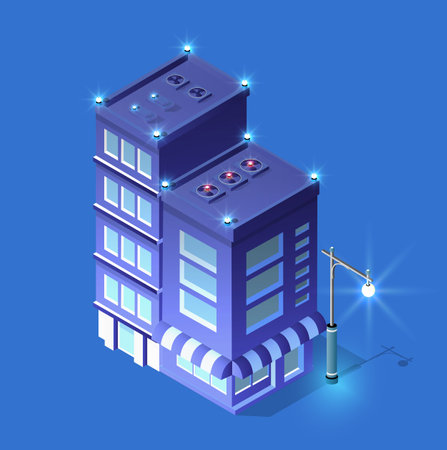 City Isometric night lights architecture 3D illustration technology town street of building housesのイラスト素材