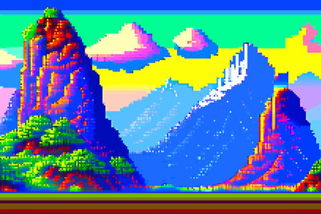 Landscape 8bit pixel art. Summer natural landscape mountain scenery arcade video game backgroundのイラスト素材