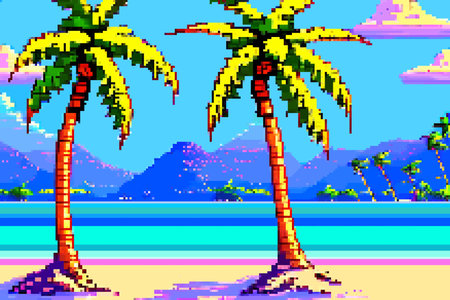 Landscape 8bit pixel art. summer natural landscape. Summer ocean beach scenery arcade video game backgroundのイラスト素材