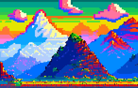 Landscape 8bit pixel art. Summer natural landscape mountain scenery arcade video game backgroundのイラスト素材