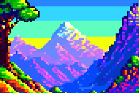 Landscape 8bit pixel art. Summer natural landscape mountain scenery arcade video game backgroundのイラスト素材