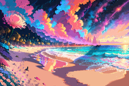 Landscape city beach 8-bit pixel art. Abstract Summer natural landscape urban scenery arcadeのイラスト素材