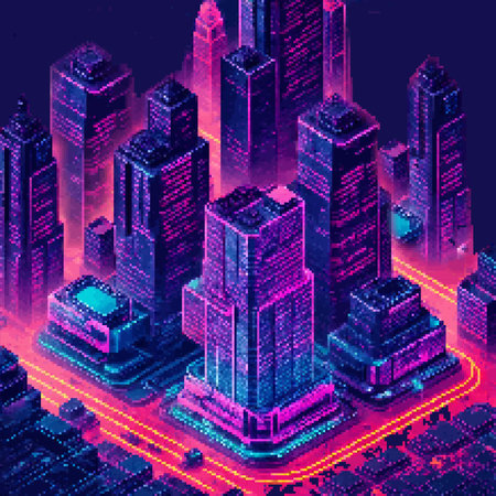 Three-dimensional projection pixel 8-bit art view of the city. 3D Illustrationのイラスト素材