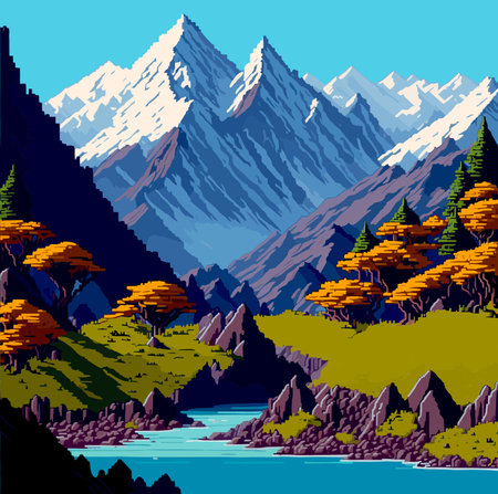 Landscape 8bit pixel art. Summer natural landscape mountain scenery arcade game backgroundのイラスト素材