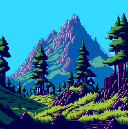 Landscape 8bit pixel art. Summer natural landscape mountain scenery arcade game backgroundのイラスト素材