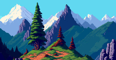 Landscape 8bit pixel art. Summer natural landscape mountain scenery arcade video game backgroundのイラスト素材